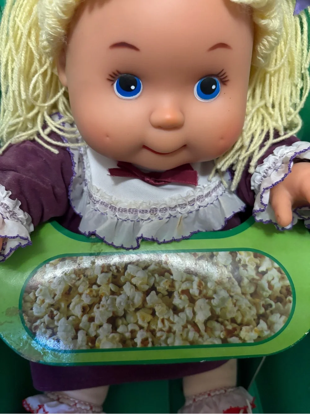 Vintage 1984 RARE Q-Q Popcorn Dolly Plush Doll - Purple Dress, Yellow Hair